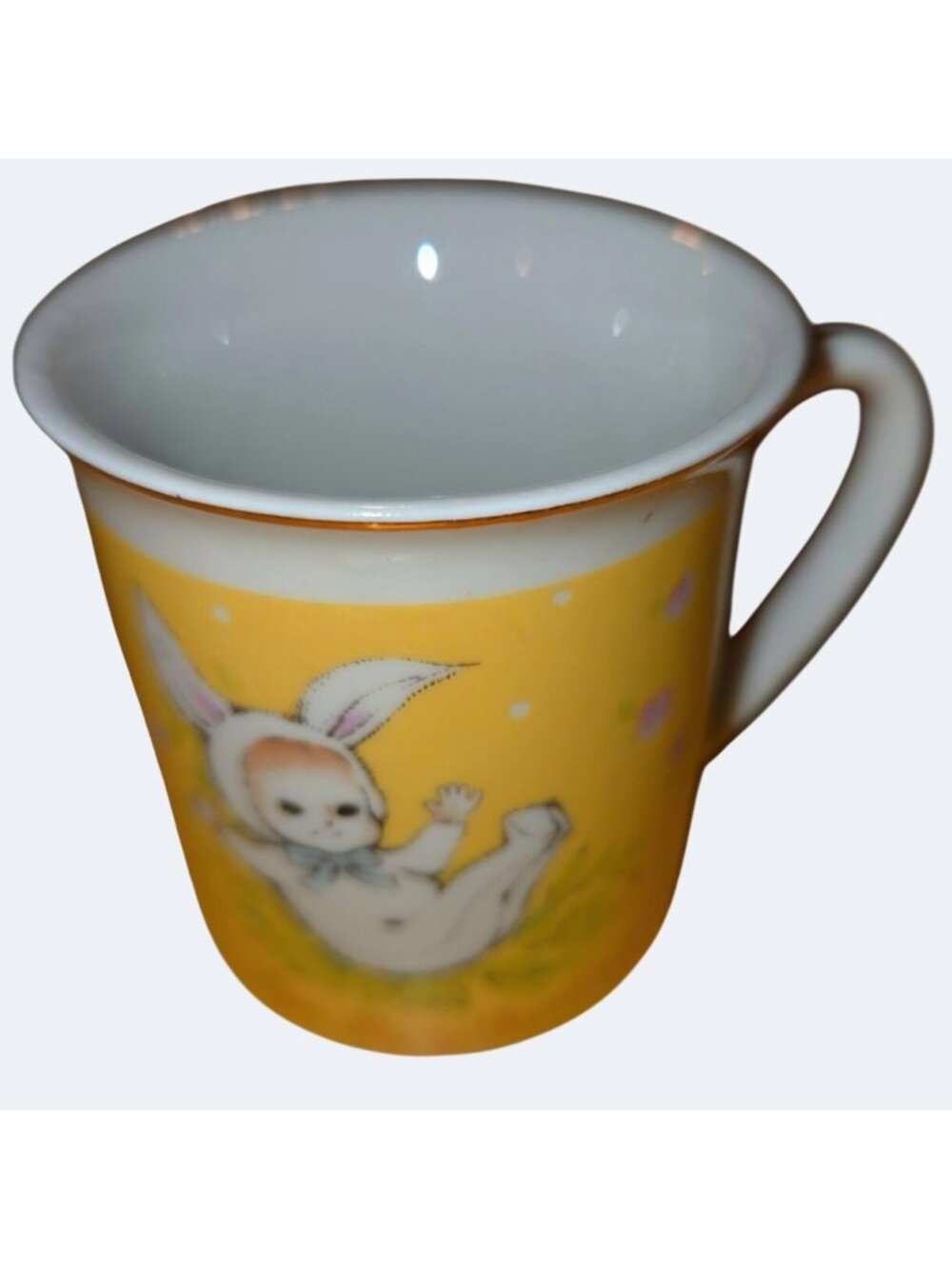 Bye Baby Bunting Vintage Porcelain Mug With Bunny & Floral Design Yellow & White